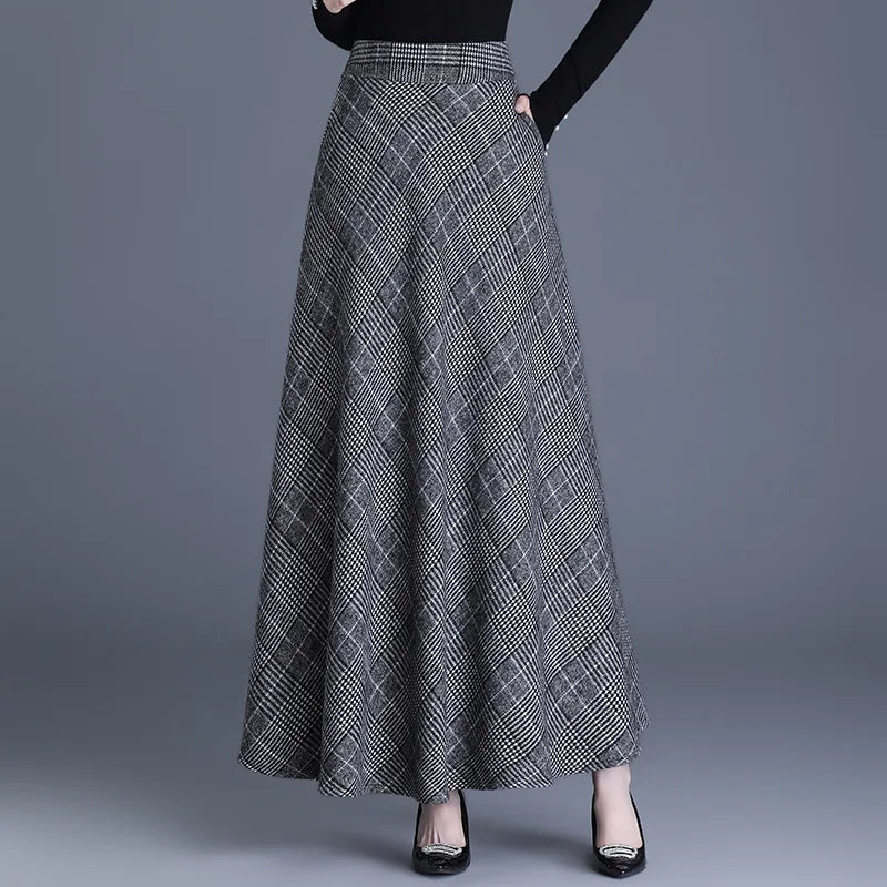 Fairyshely 2026 Autumn Winter Gray Plaid Woolen Skirt Women Casual High Waist Midi Skirt Ladies Elegant Warm Pleated Long Skirt
