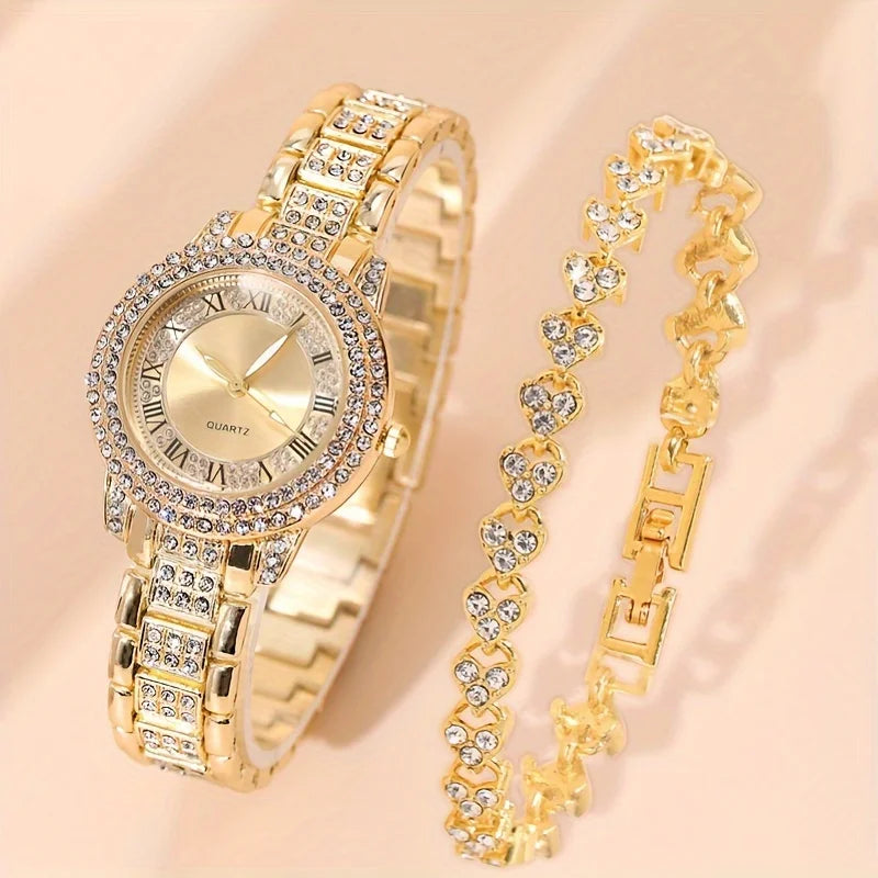 Women Watches Golden Tone Alloy Quartz Watch Stylish Rhinestone Bling Dress Watch Wristwatches, For Xmas