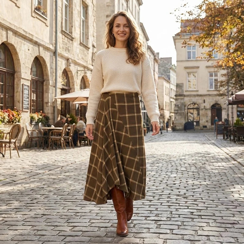 FANAN Women Fashion Plaid Pleated Side Zipper Midi Skirt Vintage High Waist Female Chic Lady Skirts