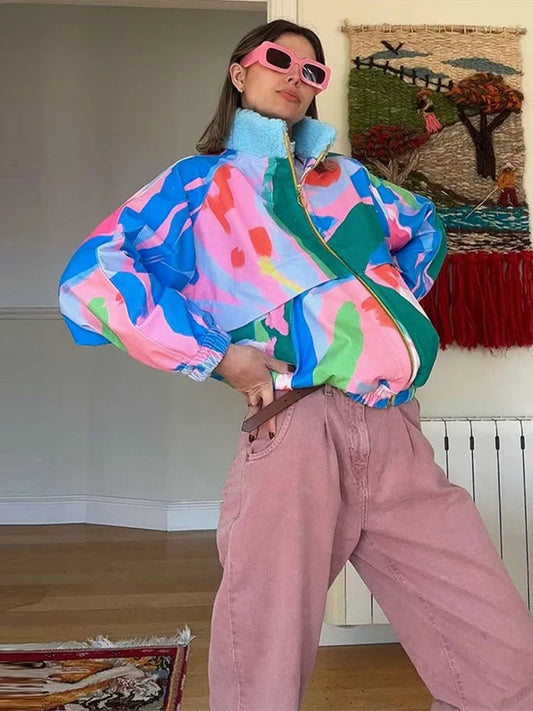 Rainbow Print Corduroy Fleece Collar Er Jacket Oversized Zip Up 2026 Autumn Women Outerwear Vibrant Casual Lady Chaqueta