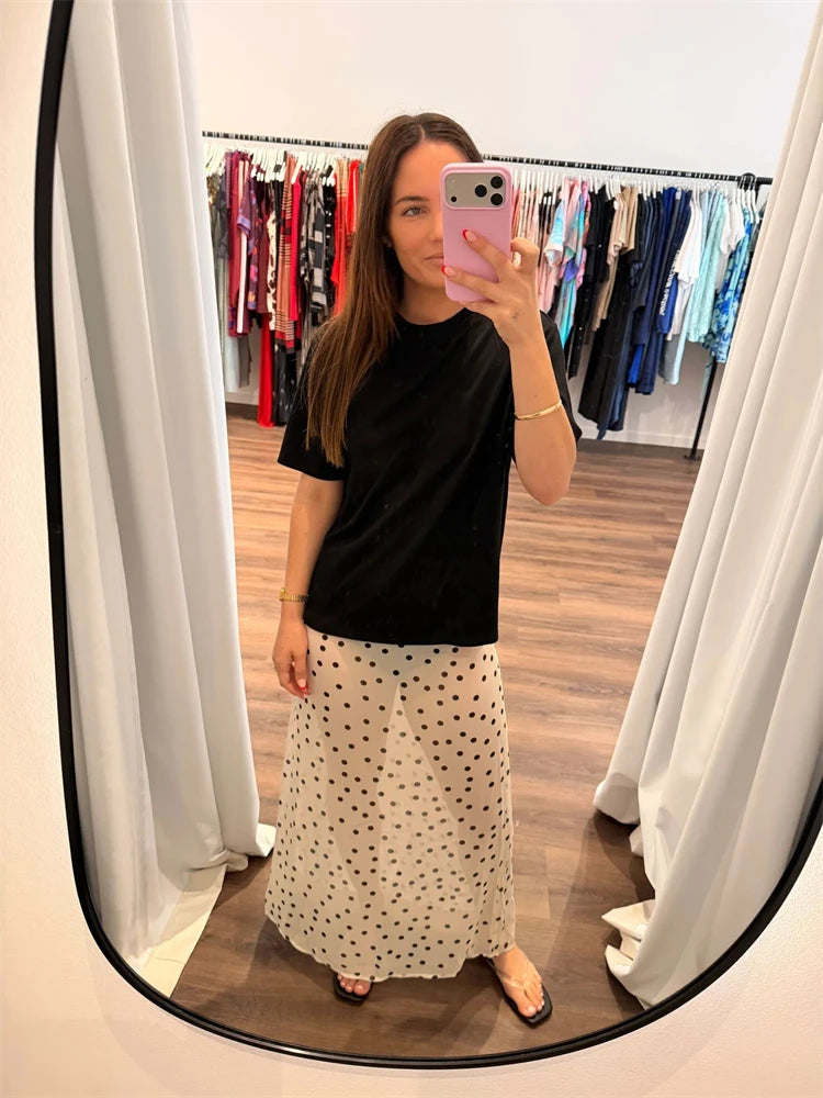 Women Summer Midi Skirts Elegant Dots Print Sheer Long Skirt for Beach Vacation Club Streetwear