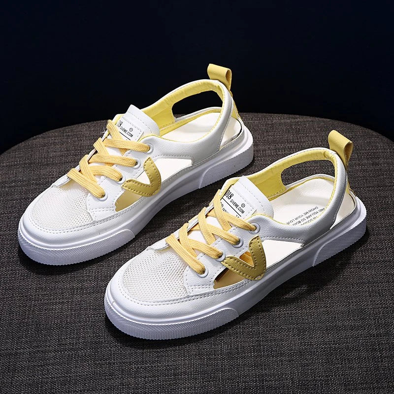 New Women's White Casual Shoes Fish-mouth Sandals Metal Decorative Transparent Breathable Mesh Shoes Large Zapatos Para Mujer