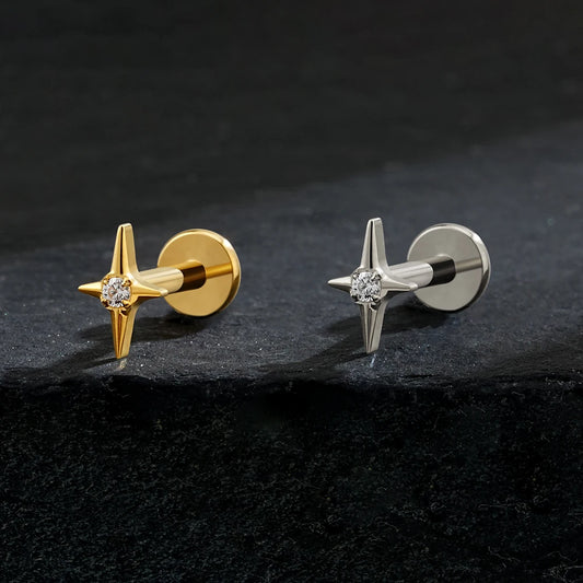 Right Grand ASTM F136 Titanium Four Point Star Flat Back Stud 16G Tiny CZ Cartilage Earring Helix Tragus Nose Piercing Jewelry