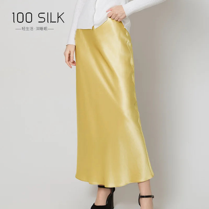 22mm Heavy Silk Skirt Spring and Summer 100% Mulberry Silk Glossy Long Hip Skirt Elastic High Waist Thin Fishtail Skirt