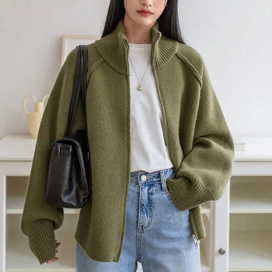 Lazy Style Sweater Jacket for Women 2026 Autumn Winter Thicken Warm Soft Knitted Cardigans Fashion Zipper Stand Collar Cardigan