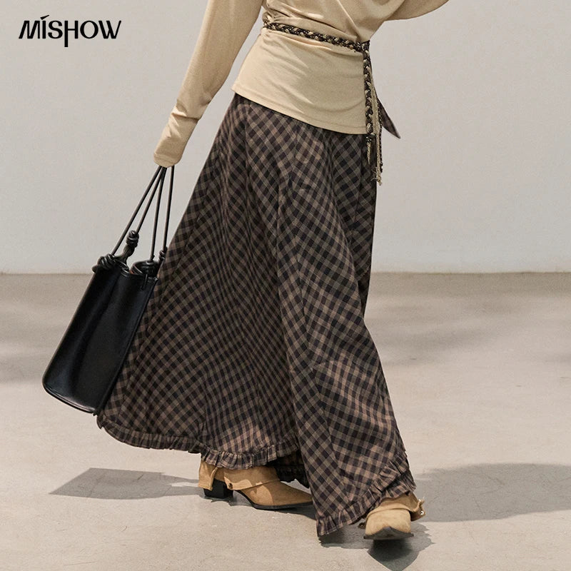 MISHOW Women's Plaid Ruffle Hem Midi Skirt with Belt 2026 Summer High Waist A-Line Skirt Loose Fit Vintage Long Skirt MXF14B2483