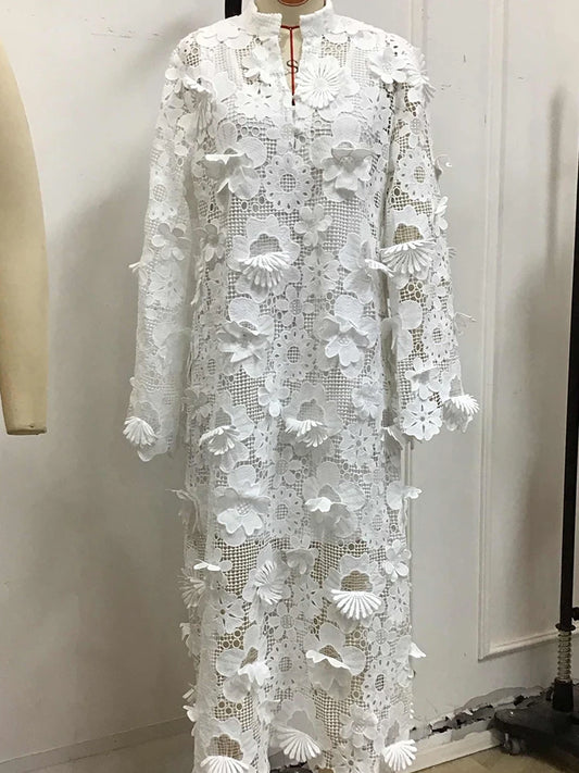 White 3D Floral Lace Maxi Dress Stand Collar Half Zip Long Flare Sleeve Sheer Mesh Dress Women Hollow Out Cover Up Casual Dress