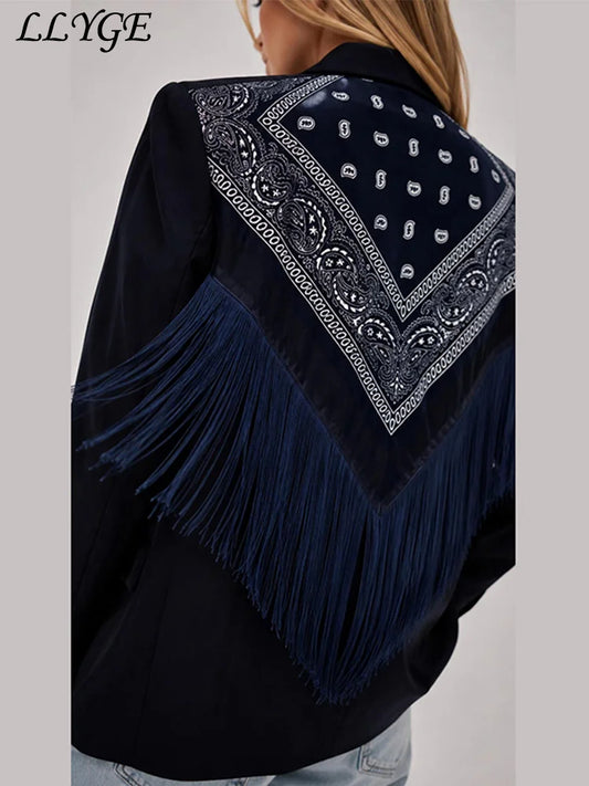Fashion Women's Bandana Paisley Tassels Blazer Loose Lapel Single Breasted Full Sleeve Female Suit Jackets 2026 Autumn Outwear