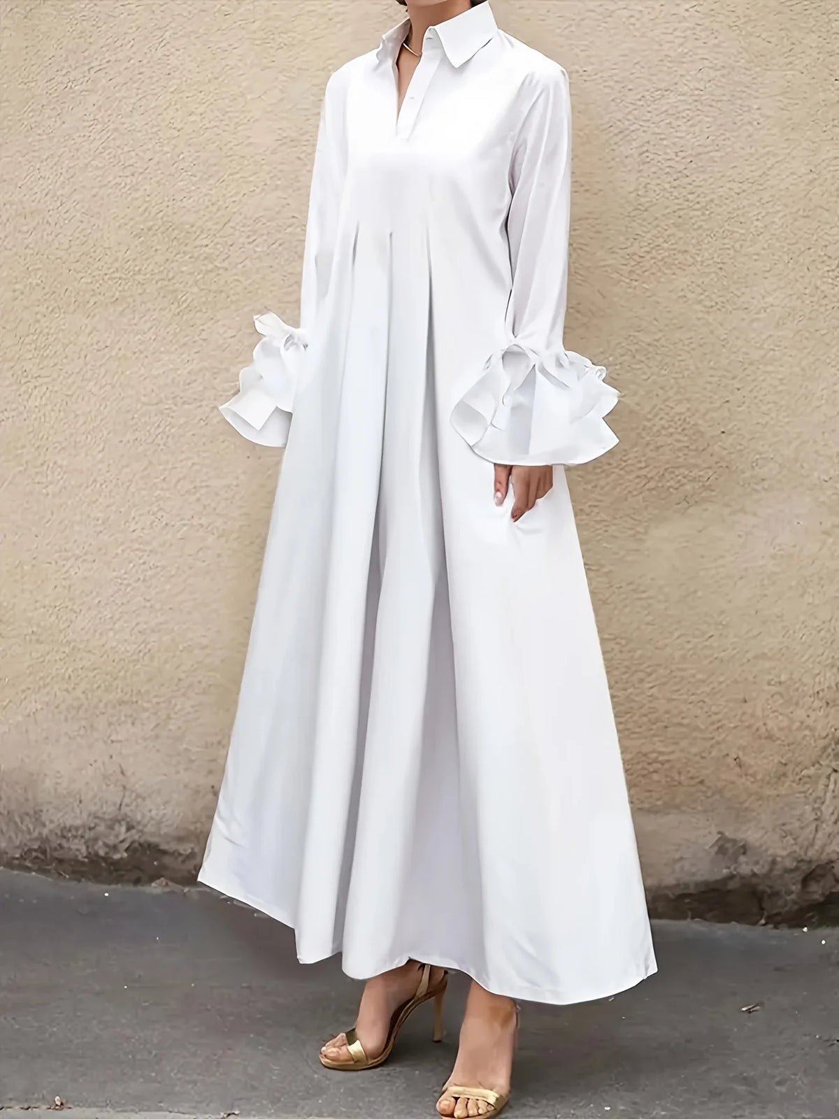 Elegant Women's Autumn Dress Turn Down Collar Solid Flare Sleeve Loose Casual High Street Pleated A-line Long Dresses 2025