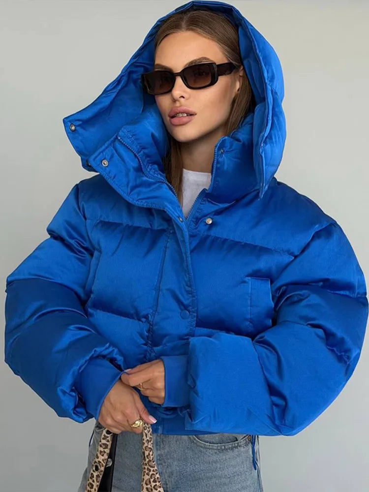 Women's Padded Jackets Hooded Stand Collar Zipper Cropped Coats Winter Female Lantern Sleeves Solid Loose Jacket New Outerwears