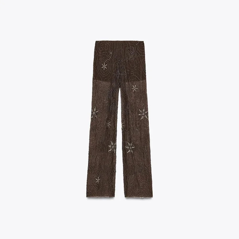 Fashion Sequin Loose Pants Women Elastic Waist Wide Leg Brown Trousers Female 2026 Spring Summer Lady Loose Outwear New