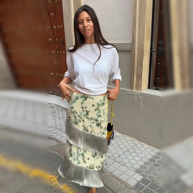 Women Chic High Waist Flower Print Dresses Asymmetric Tassel Border Splicing Bottom Dress Female Holiday Beach Party Long Skirt