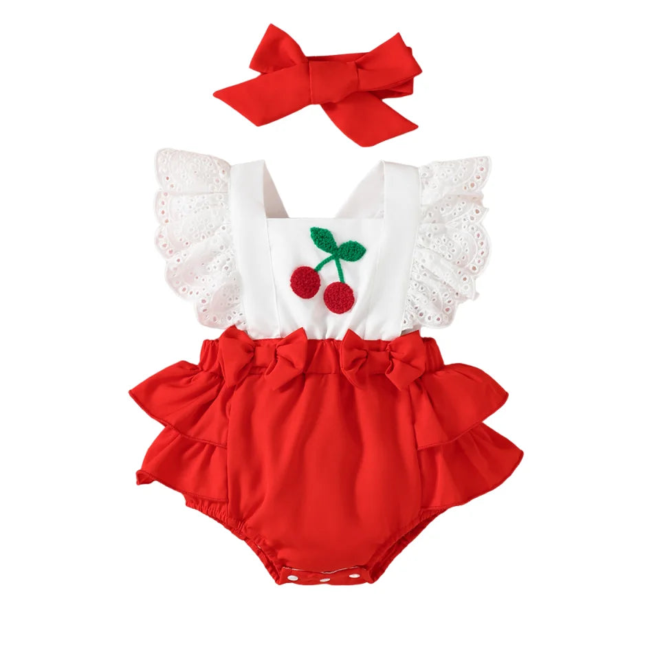 0-18M Baby Girl Bodysuit Set Summer 2PCS Cherry Outfit Lace Ruffle Sling Romper+Red Bow Headband Newborn Infant Clothing Outfits
