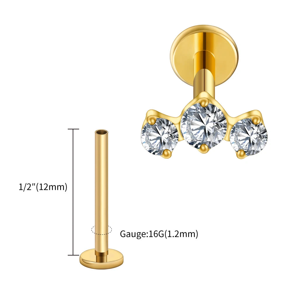 Right Grand ASTM F136 Titanium Triple CZ Cluster Cartilage Earring 16G Mini CZ Labret Tragus Helix Medusa Flat Back Piercing
