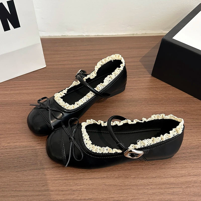 Spring Lace Women Flats Mary Jane Shoes Round Toe Shallow Ladies Casual Ballet Style Shoes Soft Leather Eelgant Dress Shoes