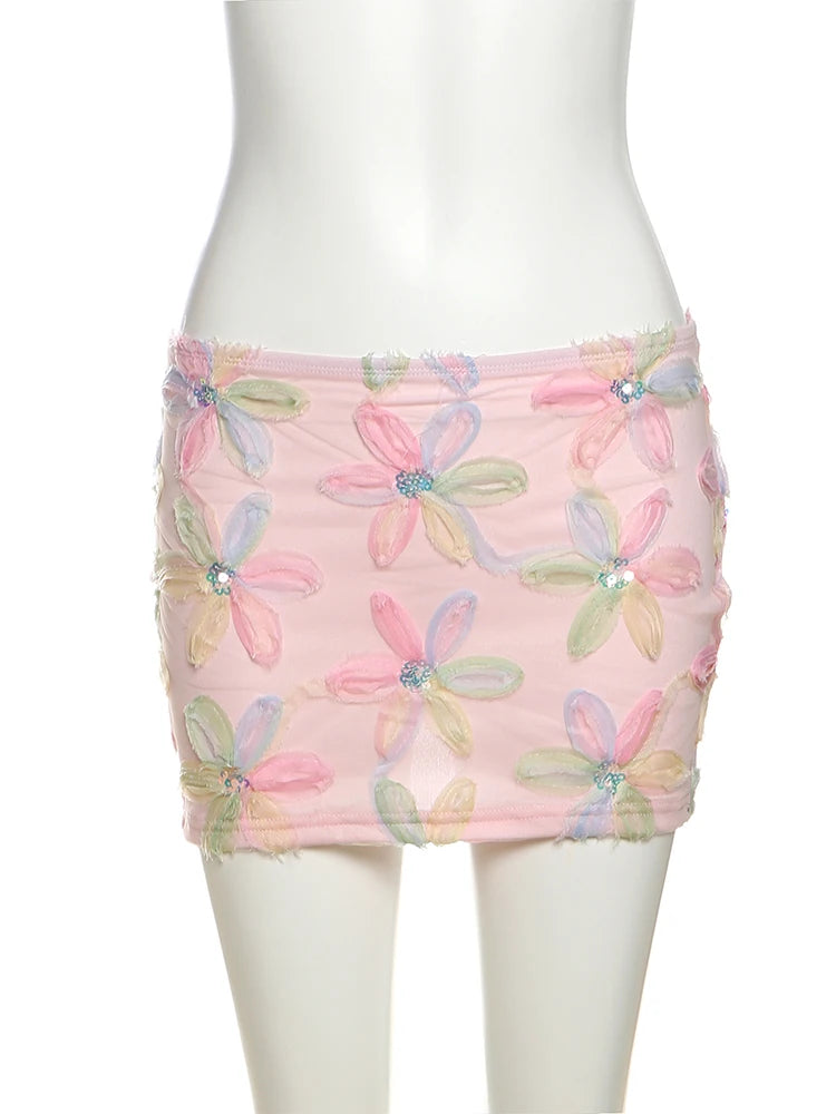 Weird Puss Colorful Flowers Skirts Women Sequins Patchwork Mesh Summer Trend Sweet Street Party Casual Holiday Chic Mini Bottoms