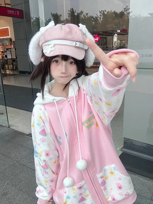 Harajuku Zip Hoodies Women Japanese Sweet Lolita Sweatshirts Kawaii Cartoon Print Y2k Hooded Overcoat Korean Fashion Clothes Top