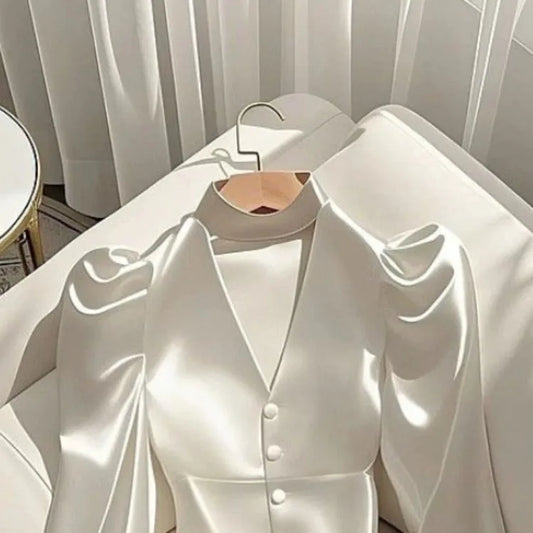 Elegant Fashion White Satin Shirts Women 2026 Early Spring New Blusas Mujer Y2k E-Girl Slim Waist Long Sleeve Blouses