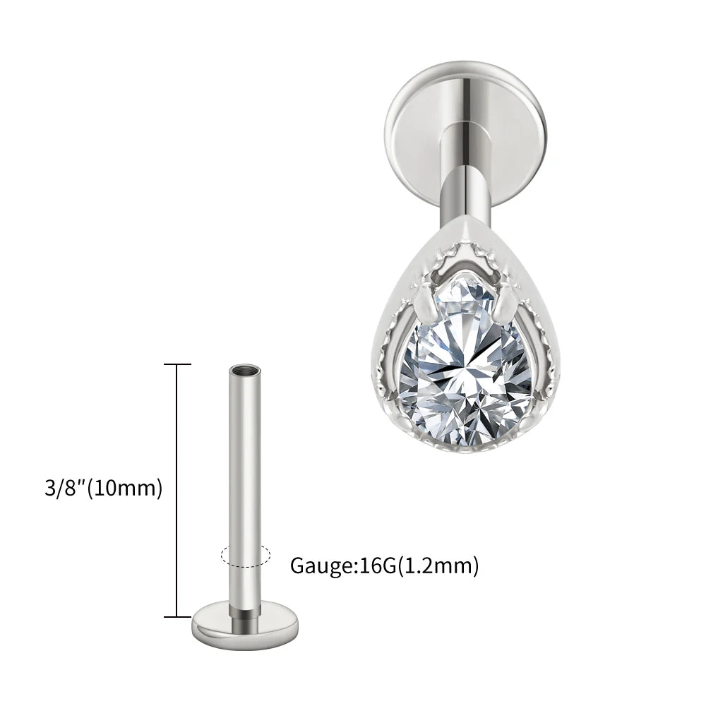 Right Grand ASTM F136 Titanium Teardrop CZ Cartilage Earring Threaded Labret Stud 16G Tiny Pear CZ Helix Conch Earlobe Piercing