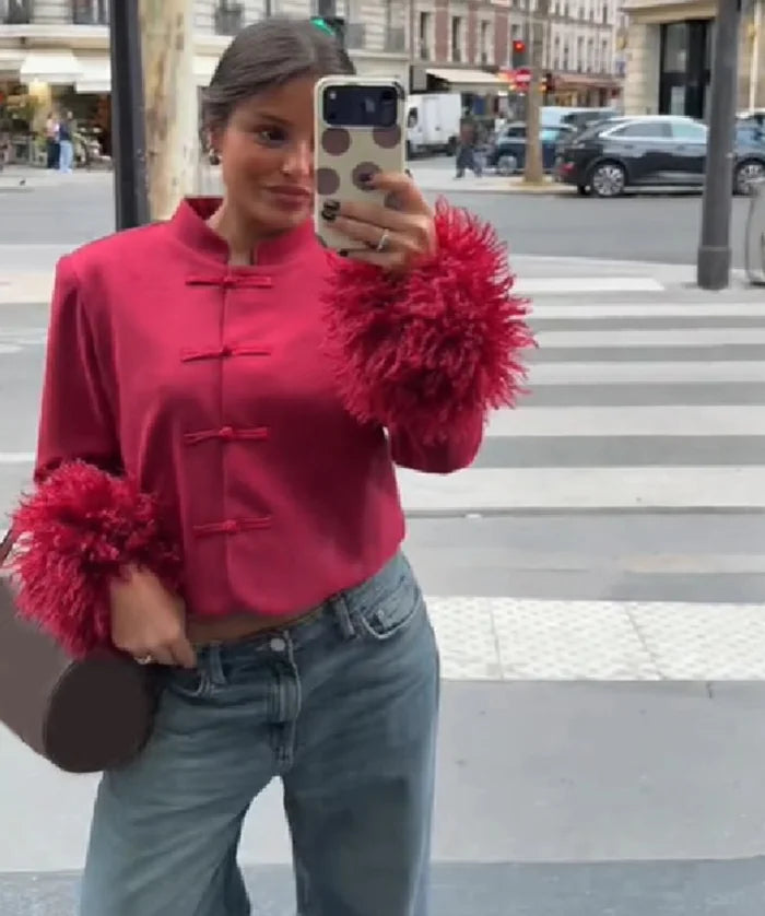 Vintage Women Cropped Jacket Fluffy Furry Cuff Design Small Stand Collar Single Breasted 2026 New Autumn Winter Street Outfit