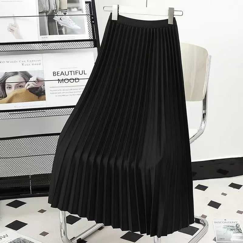 Hirsionsan Pleated Skirts Women 2023 Autumn New Korean Fashion Vintage Solid A Line Skirt for Lady Chic Elegant Midi Skirt