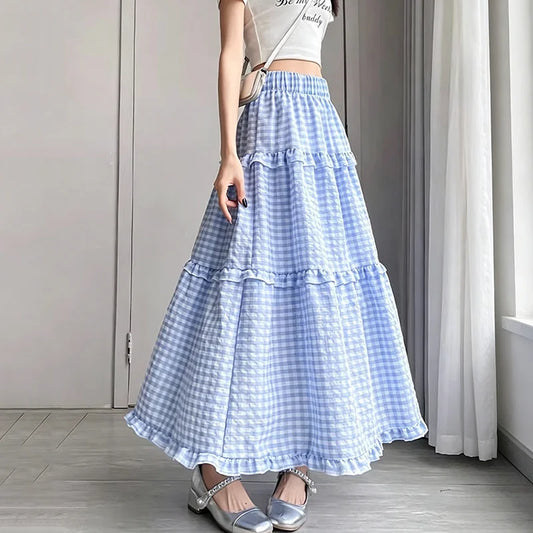 Spring Women Skirts Summer Casual Plaid Midi Skirts for Women Autumn High Waist A-line Cake Skirts Female College Girls Clothing