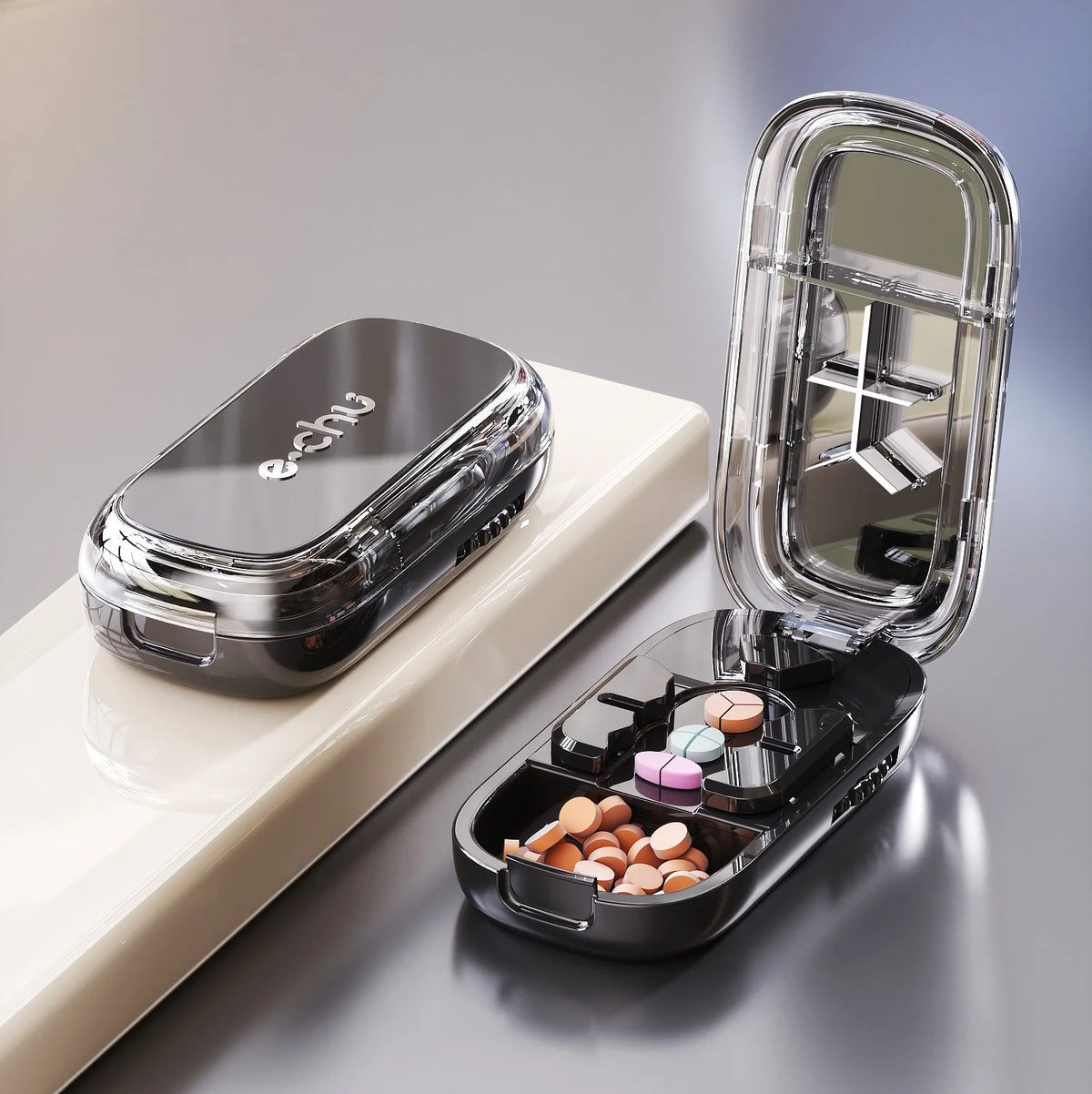 Portable pill splitter, pill divider,and pill cutter that can precisely and evenly split pills into halves,thirds, and quarters