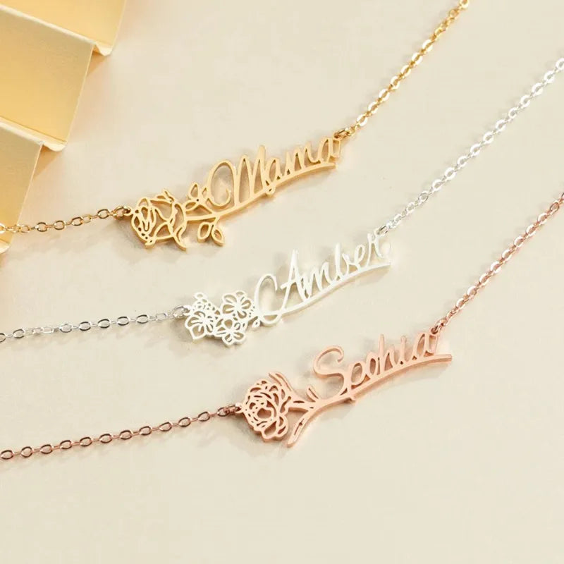 Name Necklace with Birth Flower Custom Birth Month Flower Stainless Steel Floral Name Necklace Minimalist Jewelry Gift for Her