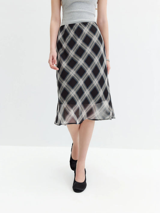 FSLE 2026 Fall Women's Vintage Contrast Plaid Elastic Waist Flowy Chiffon Straight Midi Skirt - Casual Chic Everyday Style