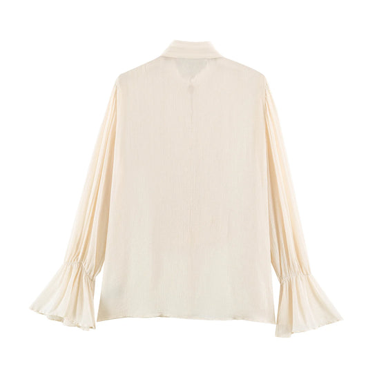 2026 Summer Women's Vintage Chinese Knotted Button UP Long Flare Sleeve Shirts Lady Elegant Loose Ruffles Stand Collar Blouses