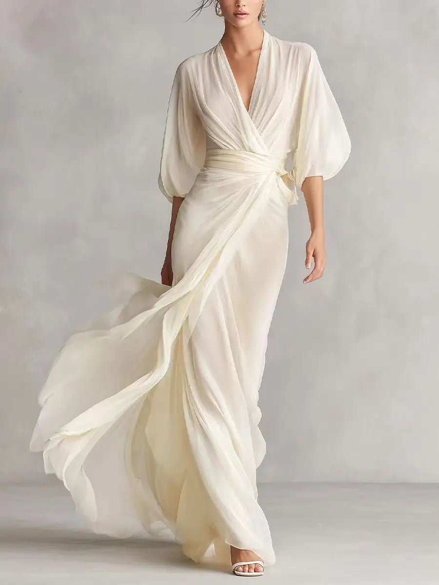 Women's Chiffon Maxi Dress V Neck Wrap Waist Half Puff Sleeve Flowy Elegant Formal Evening Gown Wedding Party Dress
