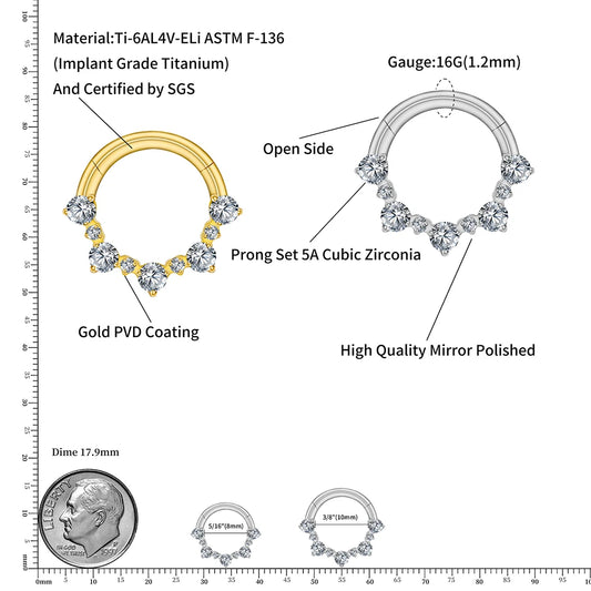 Right Grand ASTM F136 Titanium 16G Hinged Daith Earring Segment Hoop 8mm/10mm CZ Septum Clicker Nose Ring Piercing Body Jewelry