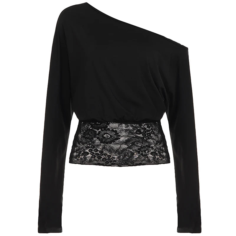 Elegant Patchwork Lace T-Shirt See Through Slim-Fitting Crew Neck Off-Shoulder Tees Women 2026 Fashion New (Two Design Styles)
