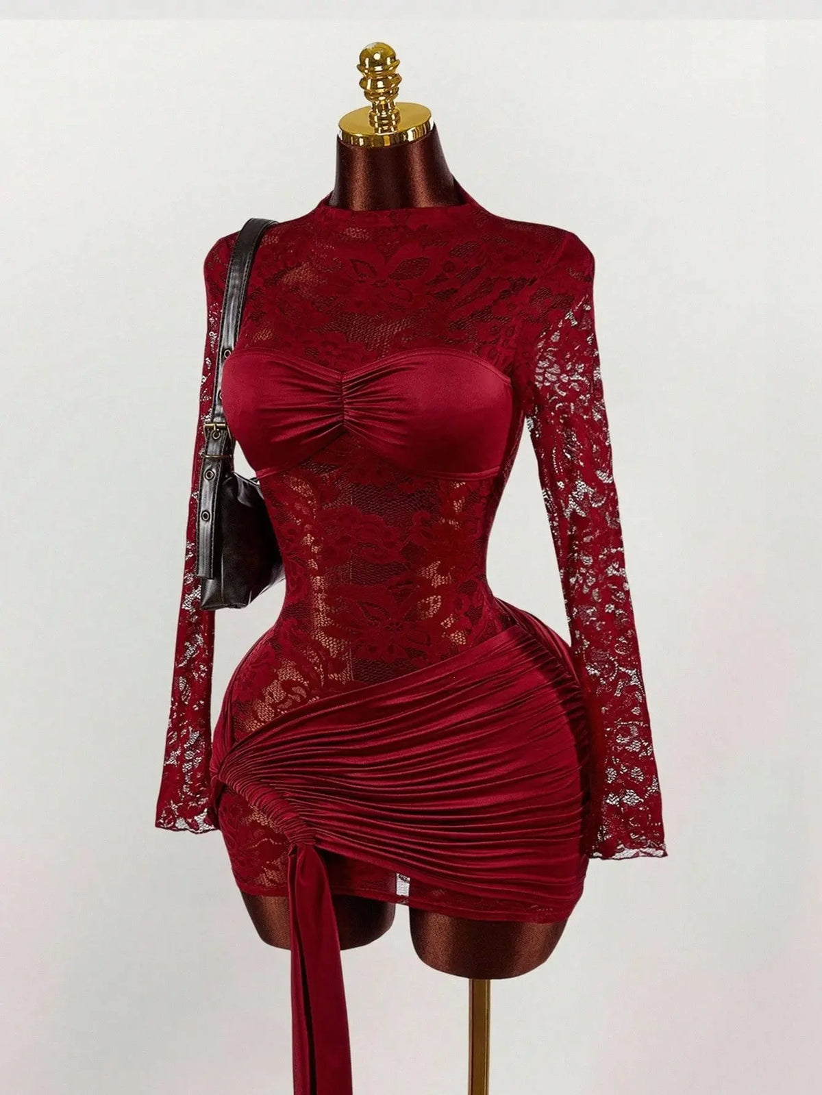 French Lace Sheer Dress Waist-Cinching Pleated Strap Slim-Fit Bodycon Skirt