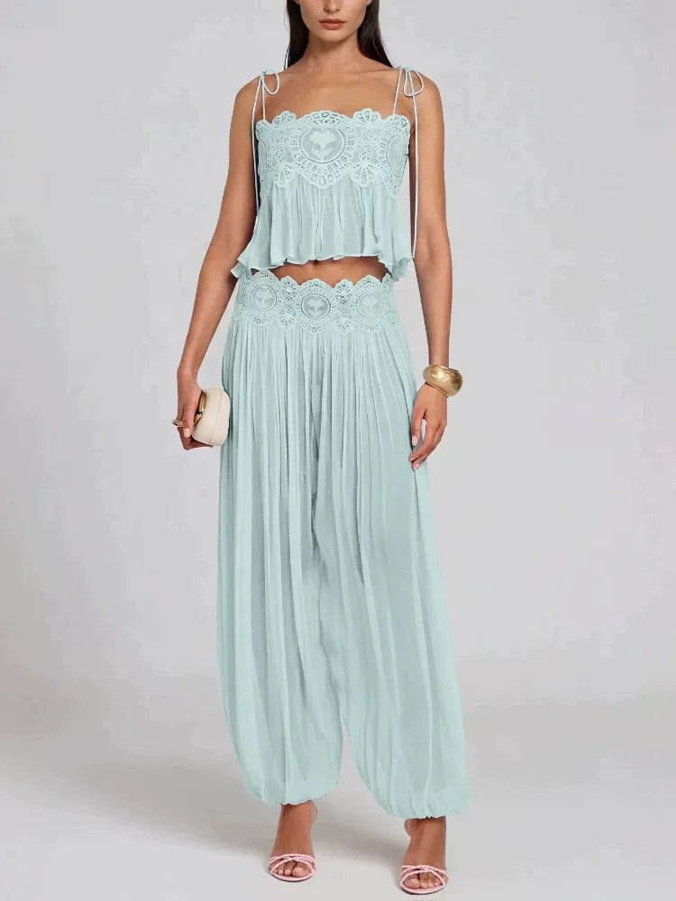Women Pink Chiffon Lace Trim Pants Suit Sleeveless Strap Crop Top Boho Holiday Matching Sets 2026 Seaside Vacation Casual Outfit