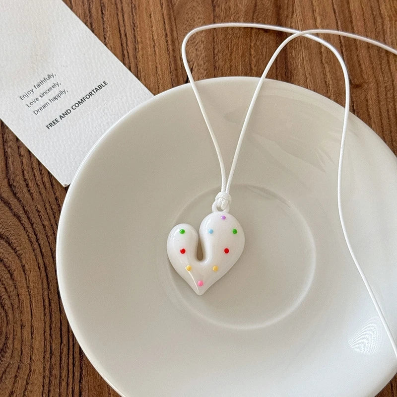LATS Rainbow Dopamine Color Bow Heart Necklace for Women New Design Long Halterneck Accessory Fashion Jewelry Gift