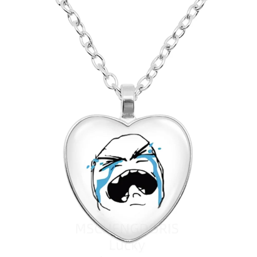 Rage Comic Necklace Derp Face Trollface Funny Meme Cartoon Glass Heart Shape Pendant Chain Necklace Charm Jewelry Collect Gift
