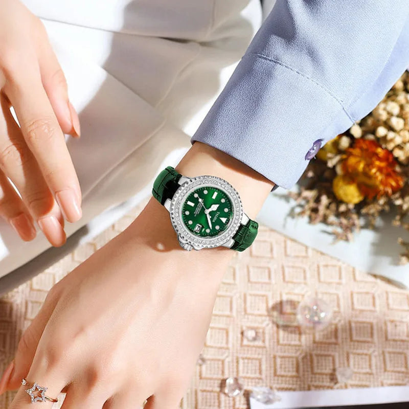 Fashion Diamond Embellished Women Quartz Watch Leather Strap With Calendar Wristwatch Female Watches Casual Ladies Daily Wear