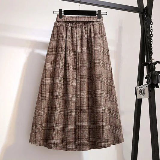 Plaid Striped Vintage A-line High Waist Buttons Lace Up Loose Women's Skirt Mid-Calf Long Skirts For Women Clothing Fashion 2024