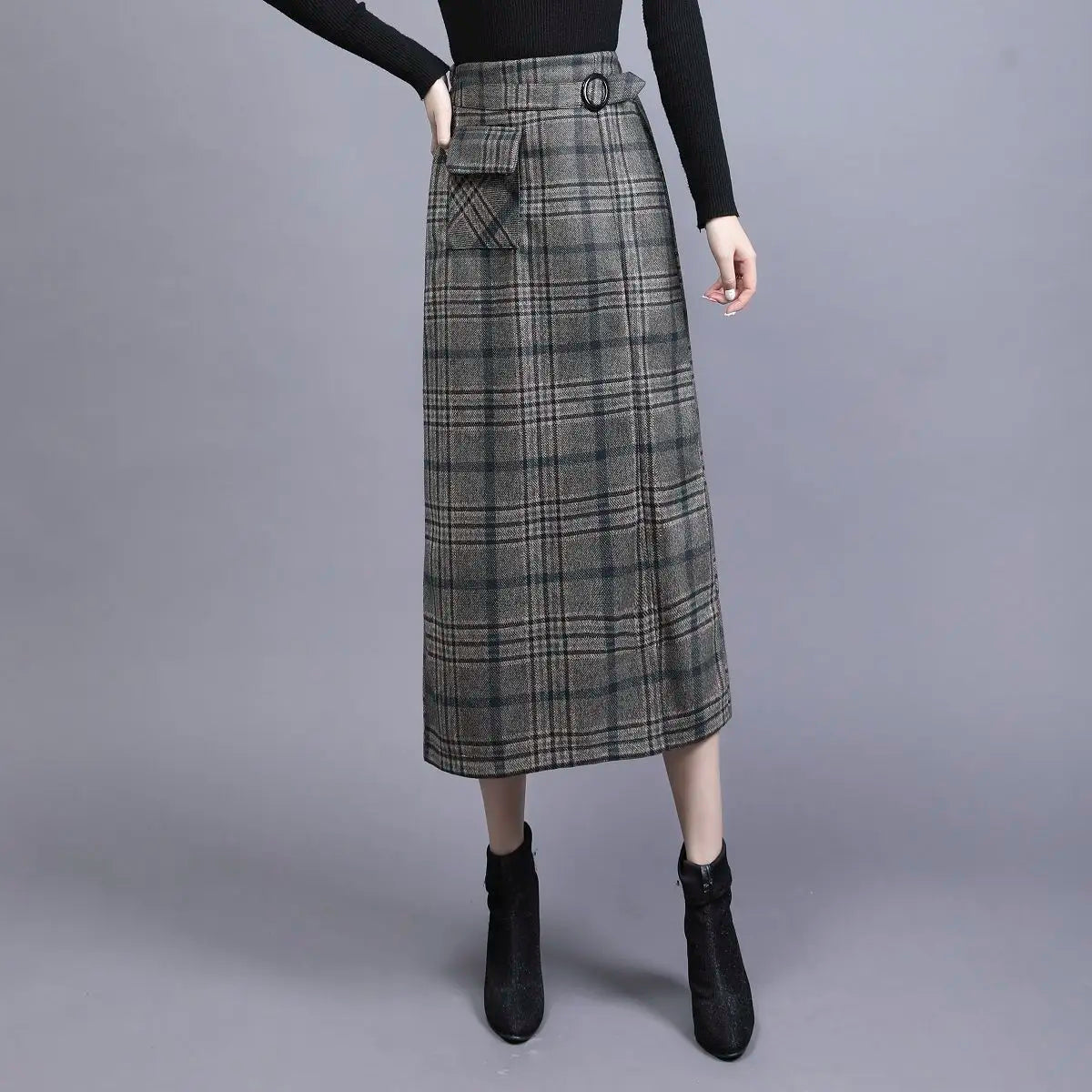 Women's Plaid Straight Skirt with Waist Detail