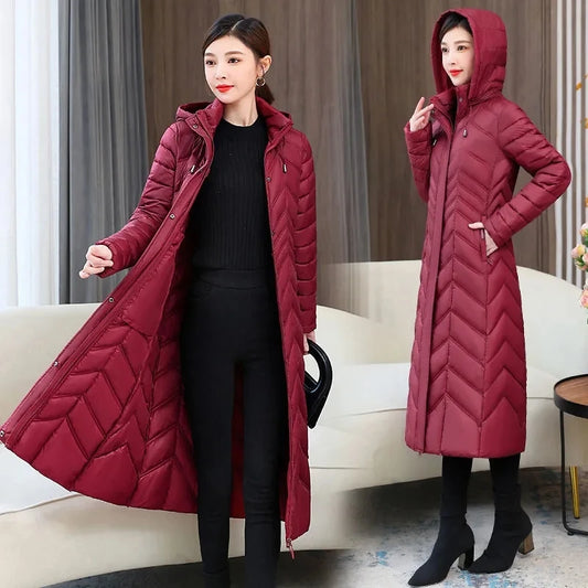 2026 NEW Winter Hooded Down Jacket 5XL Women's Warm Parka Fashion Down Cotton Women Long Coat Slim Temperament Female Overcoat