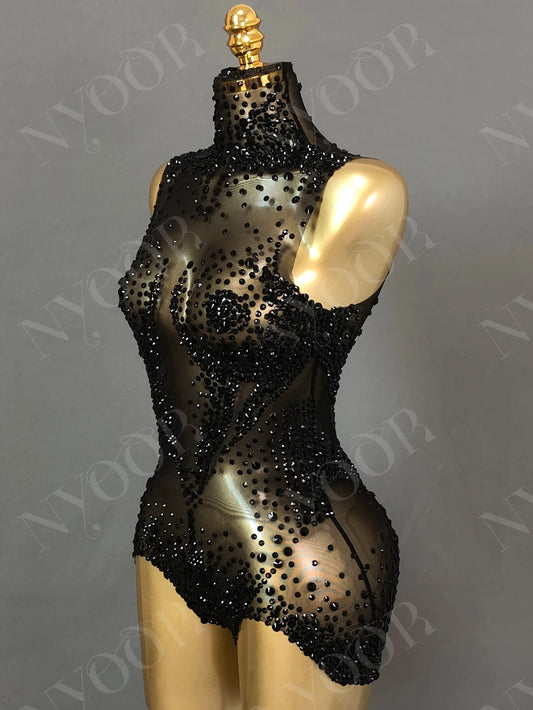 Sparkly Rhinestones Bodysuit for Women Sexy Mesh See Through Party Performance Dance Costume Singer Dancer Show Club Stage Wear