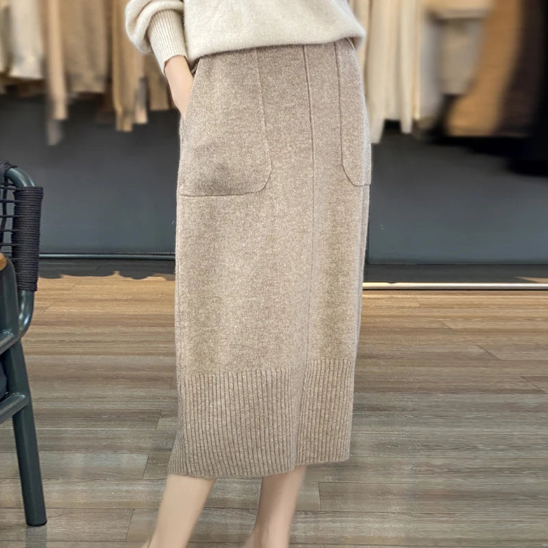 Women's Knitted Cashmere Skirt Double Pocket 100% Pure Wool Commuter Joker Straight Skirt for Autumn Winter New