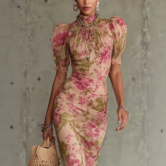 Floral Print Fashion Short Sleeve Mesh Versatile Elegant Long Skirt Womens Evening Mermaid Slim Sexy Lace Splicing Evening Dress