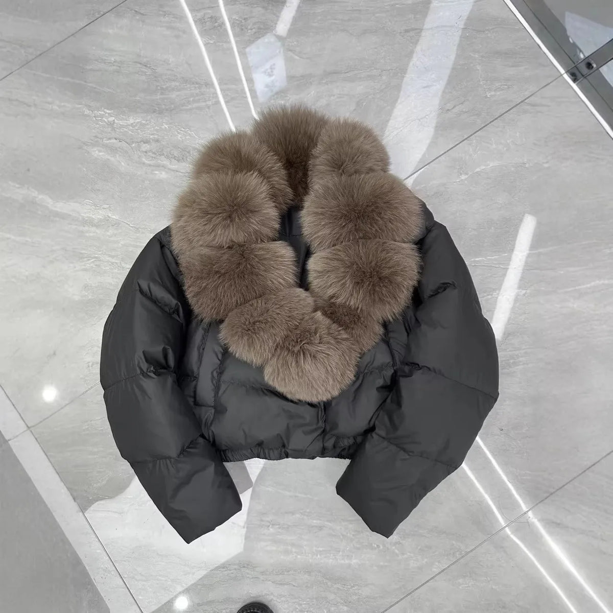 Women Cropped Puffer Jacket Long Sleeve Big Faux Fur Collar Snap Button Warm Winter Outerwear Fashion Casual Party Short Coat