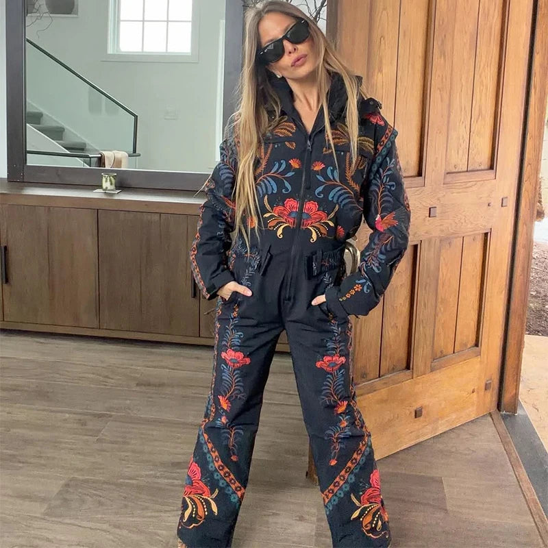 Women Floral Print Hooded Ski Set Stand Belt Waist Zipper Straight Jumpsuit Retro Fashion Sheath Warm Sport Winter 2026 Skiwear