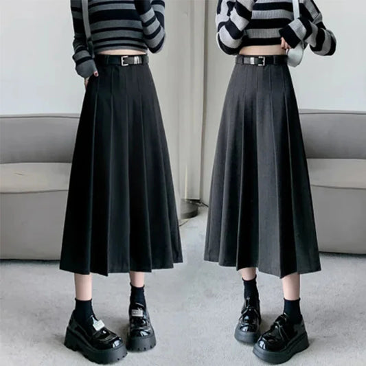 Women's Pleated Long Skirt in Grey or Black