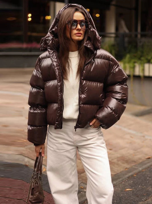 Women's Glossy Shiny Hooded Zip Cropped Puffer Jacket Oversized Loose Fit Long Sleeve Elastic Cuff Padded Warm Casual Winter Top