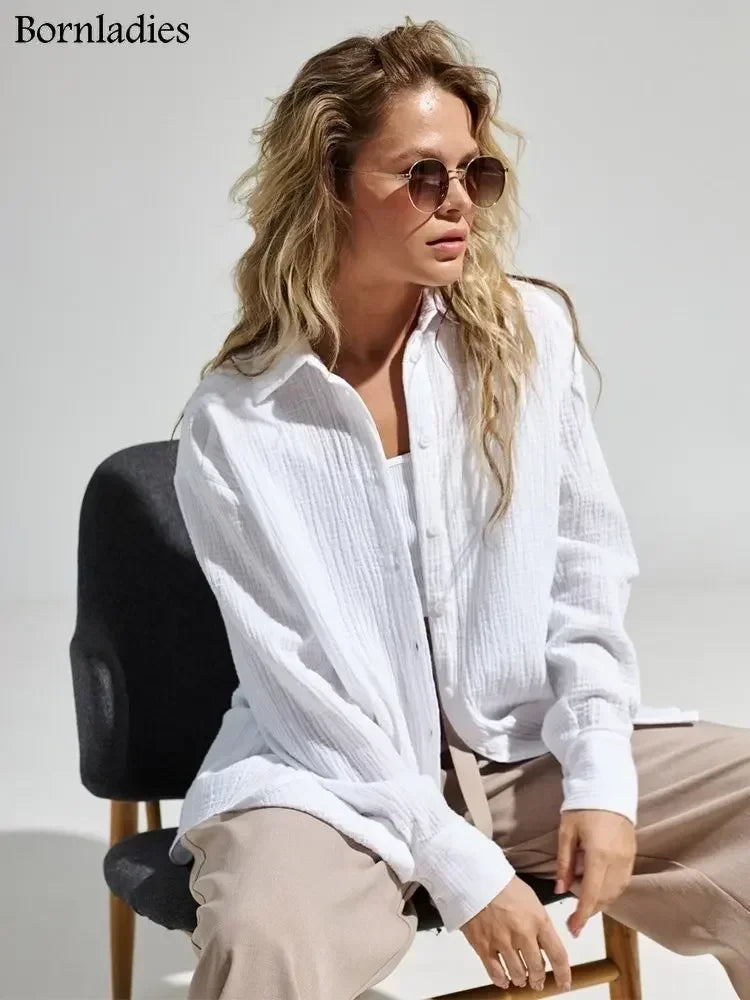 Bornladies 2025 Women's Spring Summer 100% Cotton Shirts Office Lady Fashionable Solid Lady Long Sleeve Loose Tops Crepe Shirts