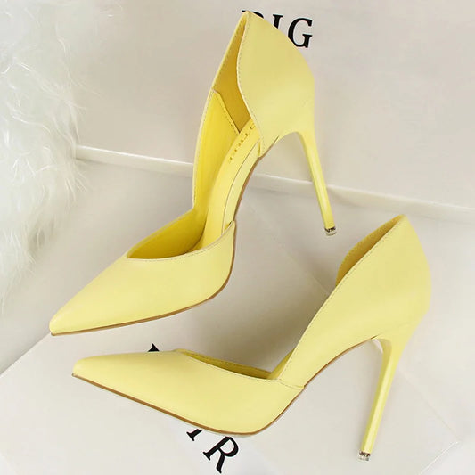 Summer Women 10.5cm High Heels Leather Pumps Female Escarpins Elegant Sweet Yellow Pink Stiletto Lady Wedding Heels Hollow Shoes